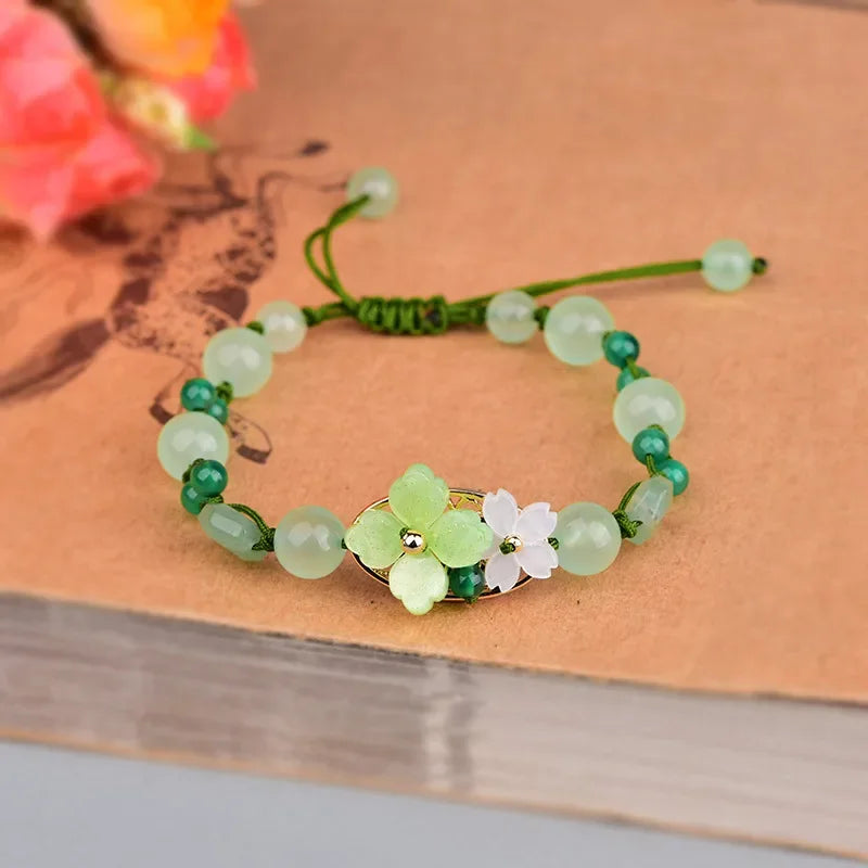 Green Jade Flower Bracelet Amulet Amulets Beads Jewelry Talismans Bangle Designer Vintage Charm Charms Natural Gift Carved Men